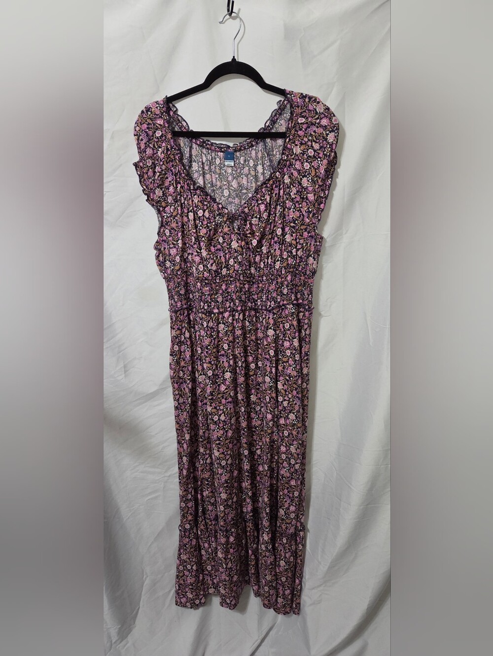 Pink & Navy Blue Floral Smocked Maxi Dress with Pockets, Size Large, Like New